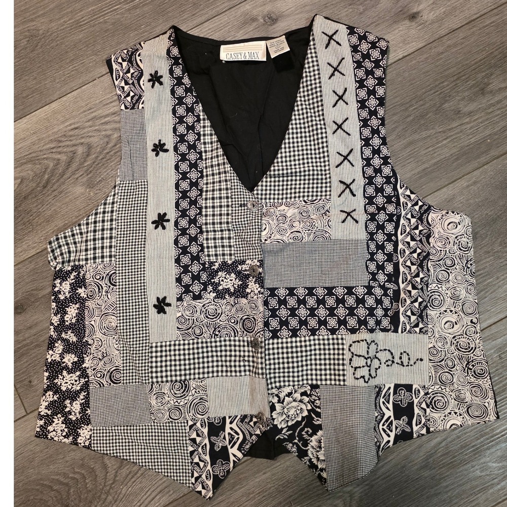 Casey & Max Womens Large Vest Black White Patchwork Floral Gingham Boho Cotton